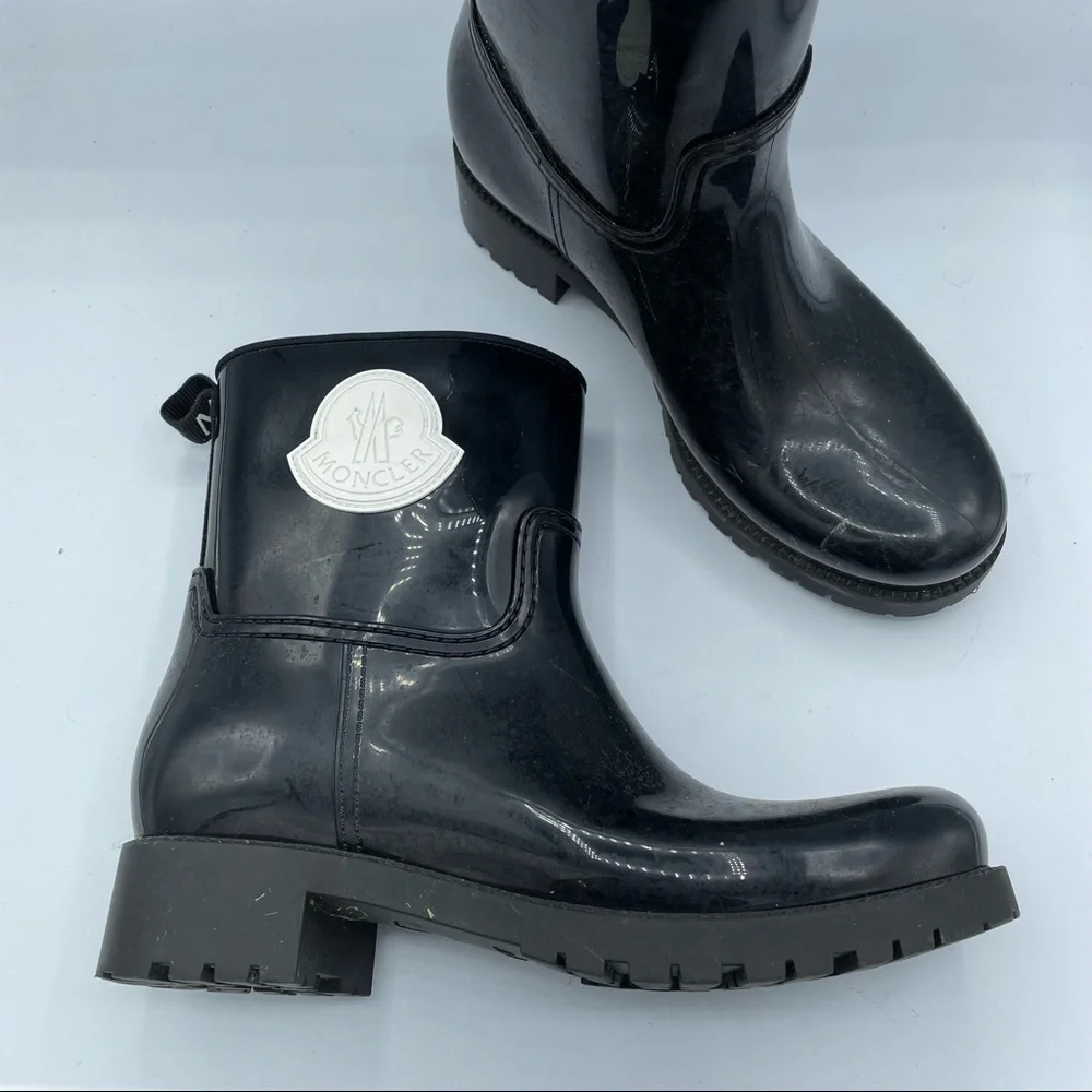 Moncler Black Rubber Ankle Height Rain Boots Lug Sole 39